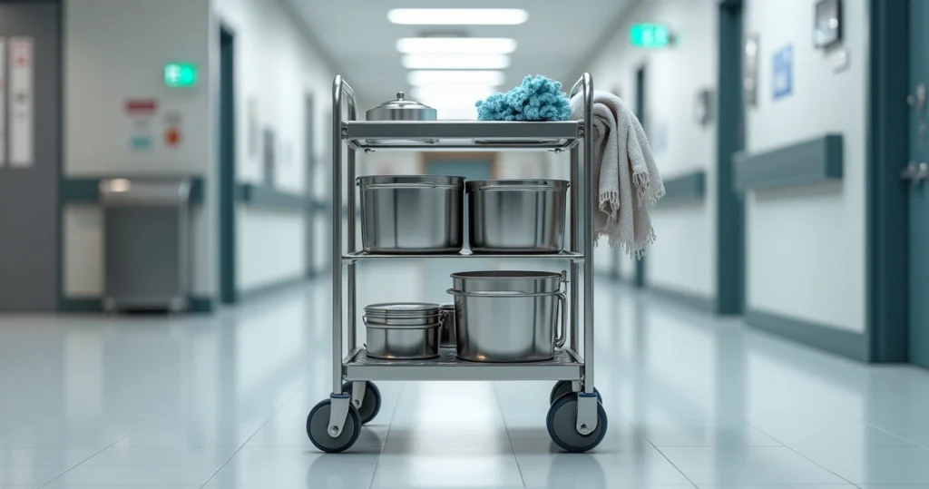 Carrinho de limpeza inox e alumínio em corredor de hospital moderno