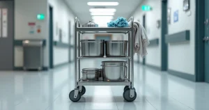 Carrinho de limpeza inox e alumínio em corredor de hospital moderno