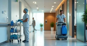 Corredor dividido mostrando limpeza hospitalar e empresarial lado a lado