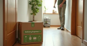 Entregador deixando caixa de produtos de limpeza em porta de apartamento moderno