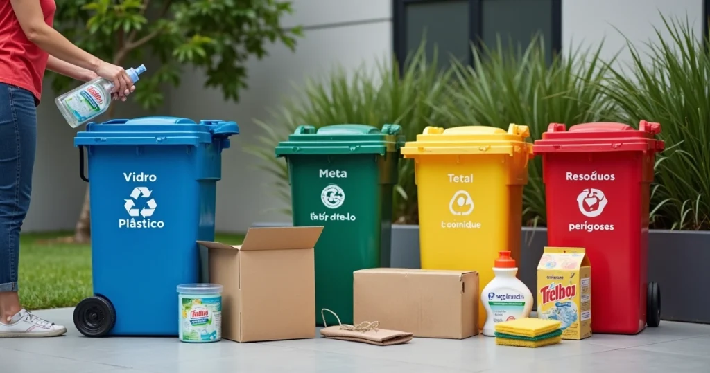 Pessoa descartando embalagens de limpeza em lixeiras coloridas de reciclagem