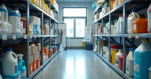 Corredor de almoxarifado com prateleiras organizadas de produtos de limpeza