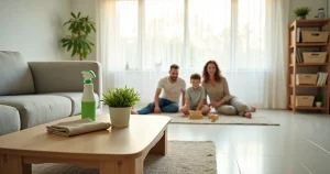 Família em sala de estar clara com ambiente visivelmente limpo e arejado