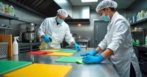 Equipe higienizando bancada e equipamentos em cozinha industrial