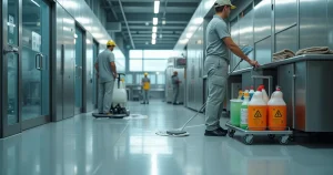 Equipe aplicando produtos de limpeza industrial em fábrica moderna