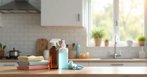 Kit de produtos antissépticos e de limpeza organizados sobre bancada de cozinha clara
