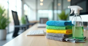 Kit de panos de microfibra coloridos sobre mesa de escritório limpa